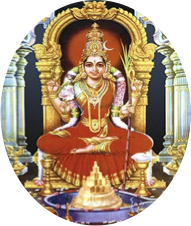 A painting of the goddess lakshmi sitting on her throne.